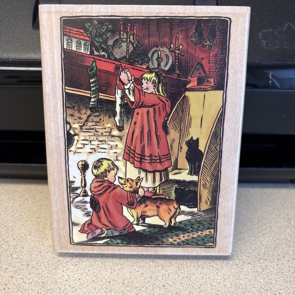 Christmas Corgi Tasha Tudor 4 1/2" Wood Mounted Rubber Stamp 1999 K7207